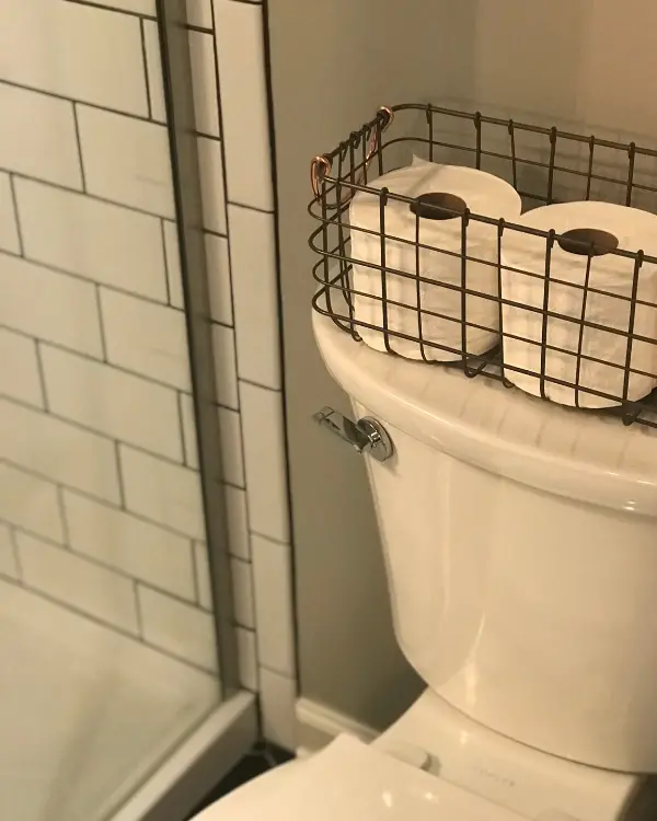 wire basket for toilet paper in the basement bathroom