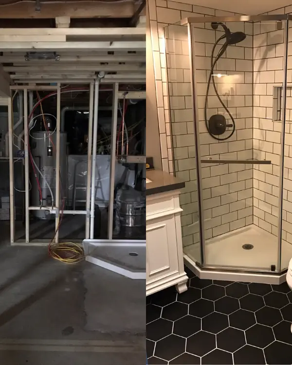 Before and after of the bathroom added to the basement.