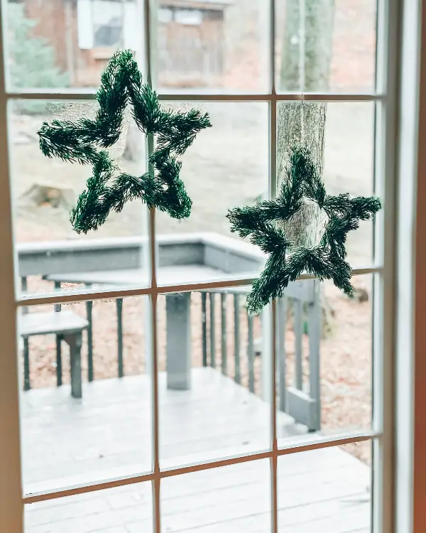 The pine branch hanging stars in the window.