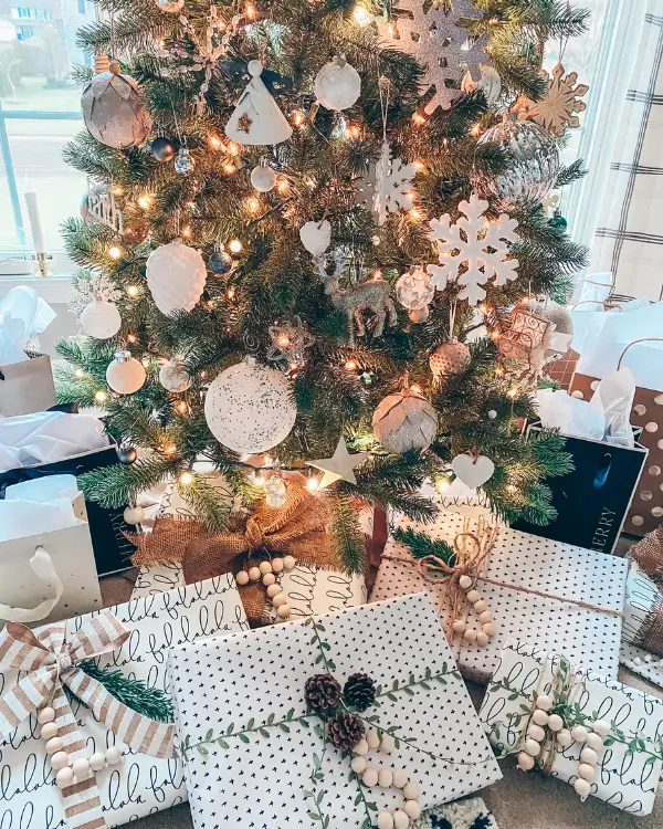 The gifts under the tree with their unique gift tags