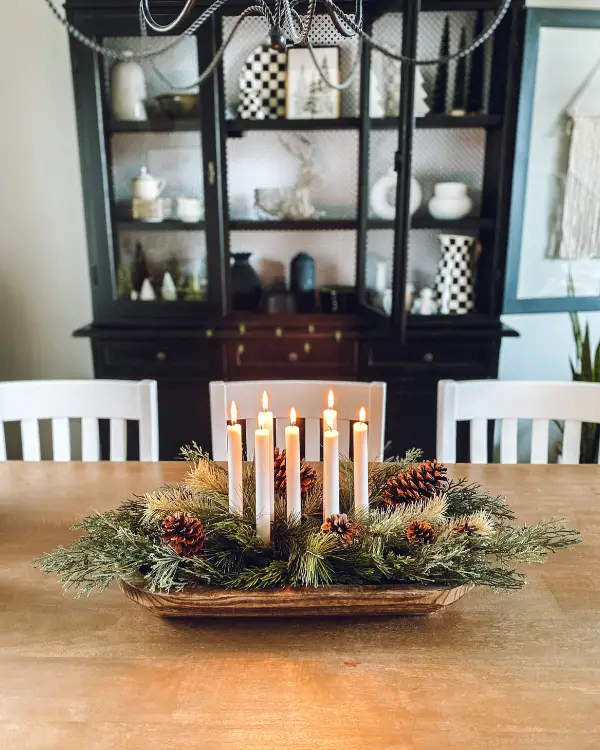 A Christmas centerpiece on the dining room table