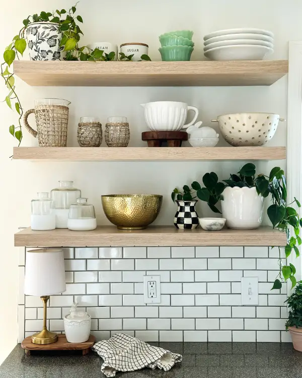 jade scalloped bowls on the kitchen shelf for spring