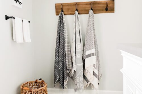 Turkish towels hanging on bathroom hooks