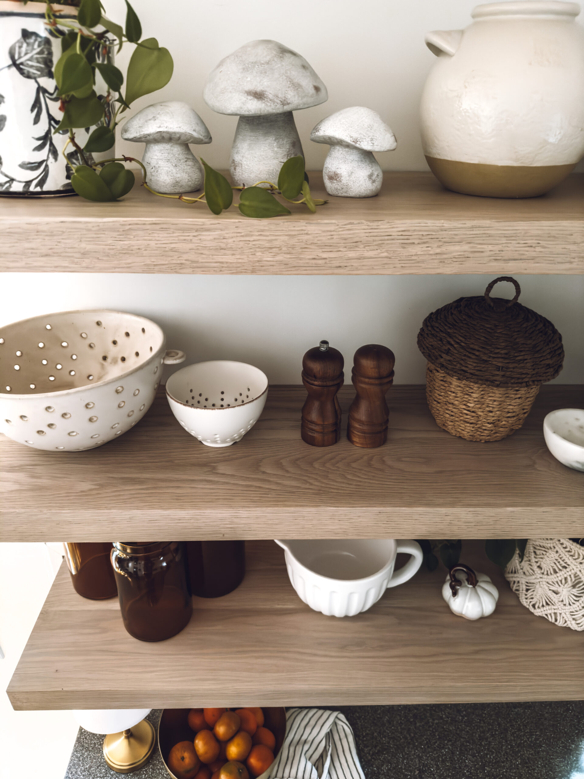 place fall mushrooms on the kitchen shelf for simple fall decor for the home