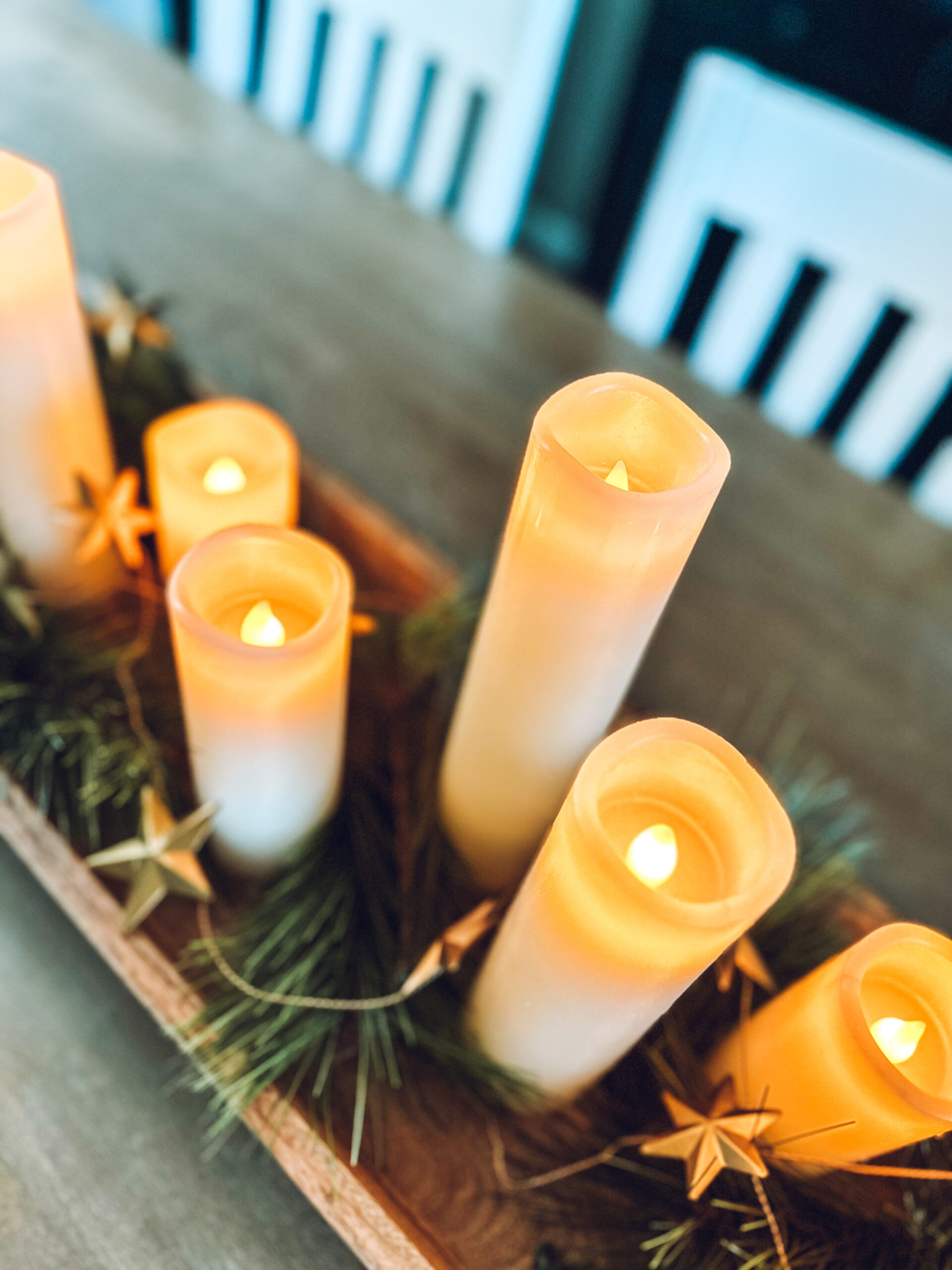 Beautiful flameless candles make an impact on a tray