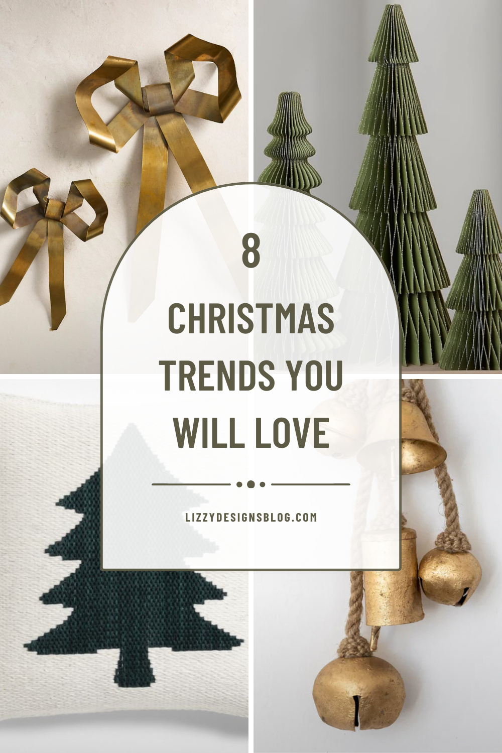 brass bows, paper Christmas trees, Christmas tree pillow and bells are some of the trends you will love