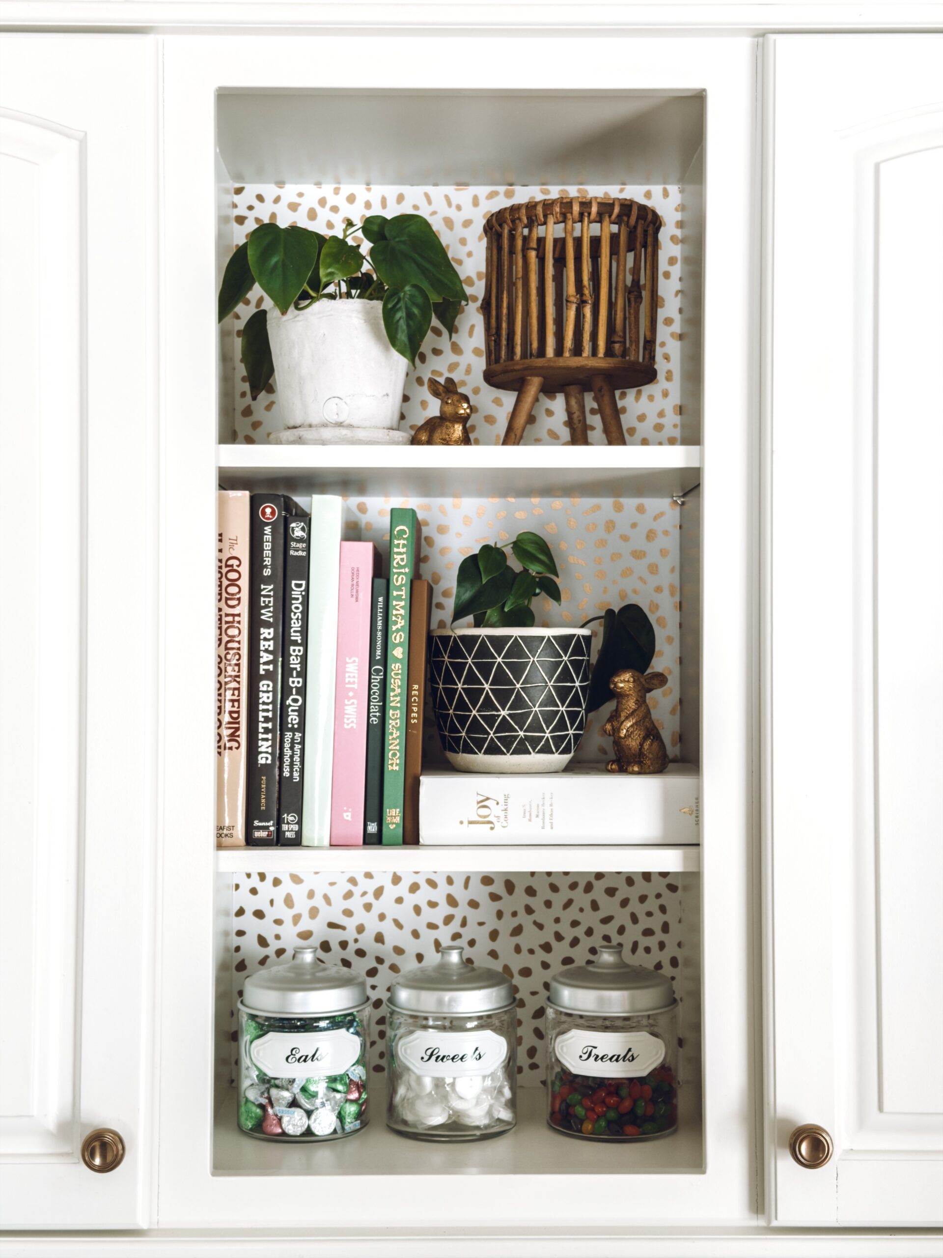 little gold bunnies on the shelves