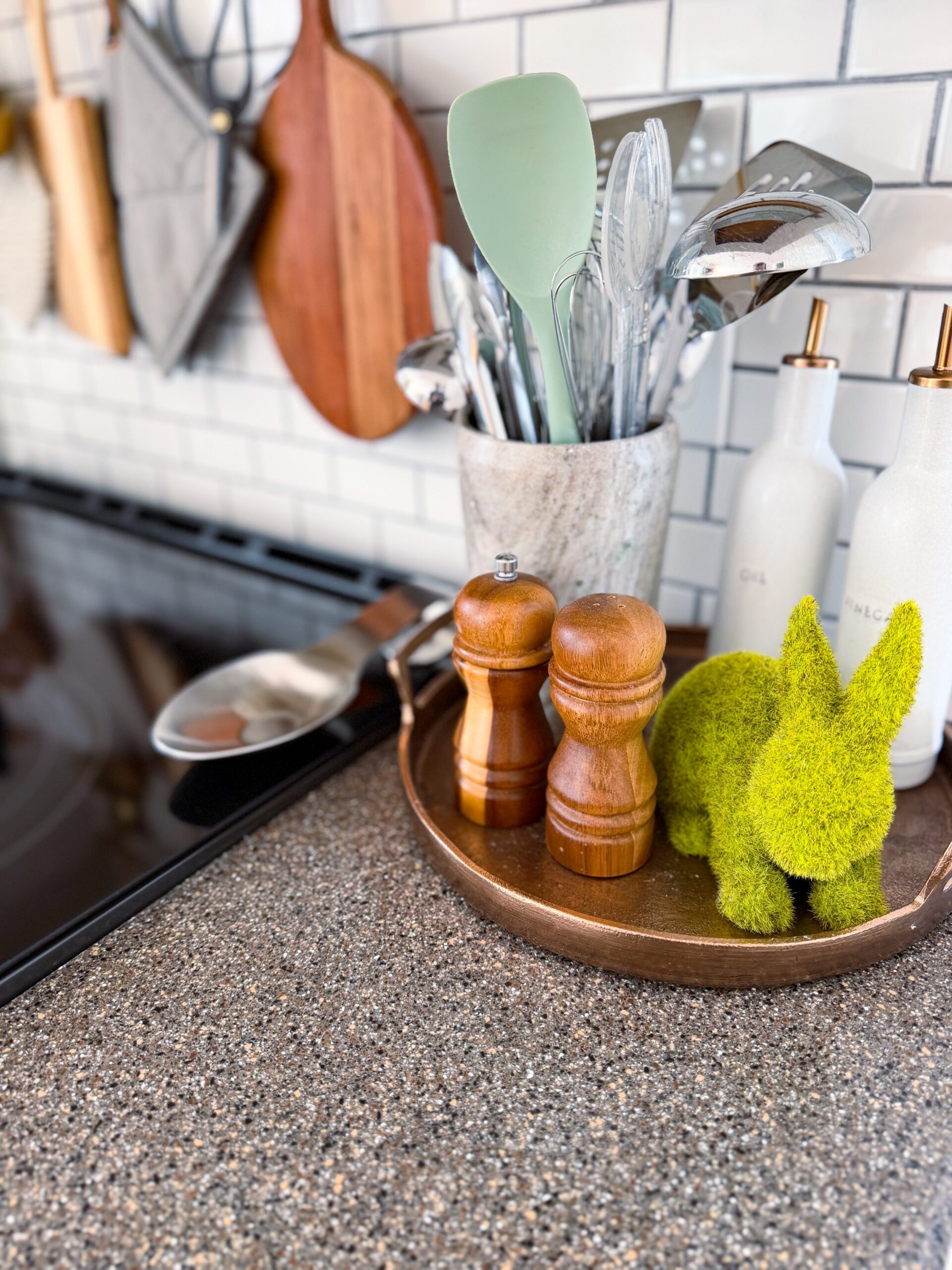 green mossy bunny in the kitchen for spring